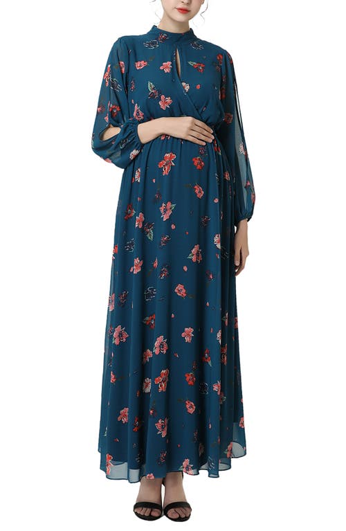 Kimi and Kai Floral Print Long Sleeve Maternity Maxi Dress Blue at Nordstrom,