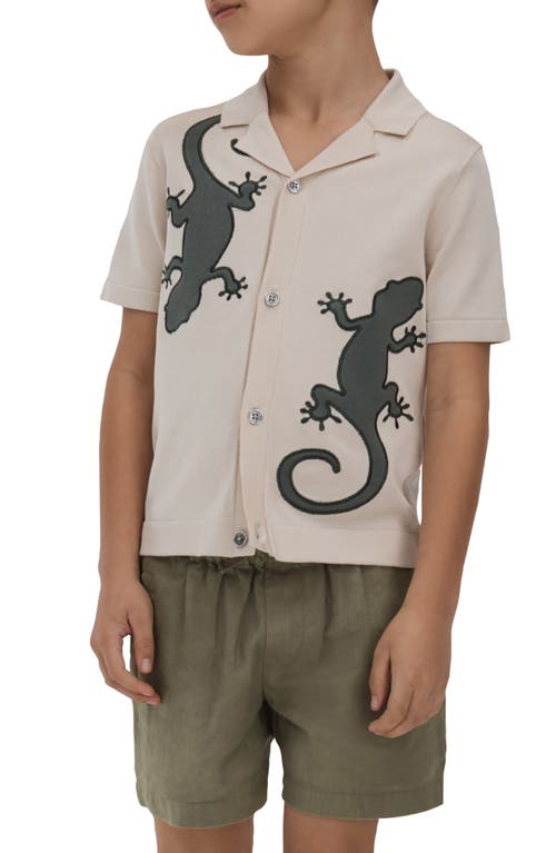 Shop Reiss Kids' Reggie Sr. Lizard Appliqué Camp Shirt In Stone/green