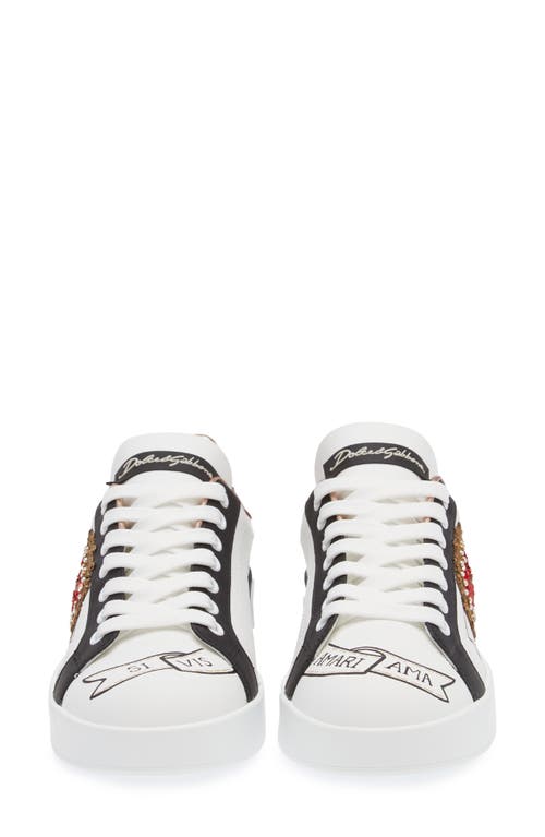 Dolce & Gabbana Calfskin Portofino Sneakers With Embroidery In Embroidery- White/gold