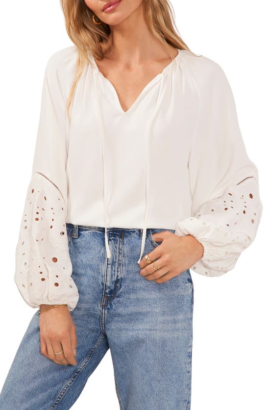 Vince Camuto Eyelet Detail Crêpe De Chine Top In Ultra White