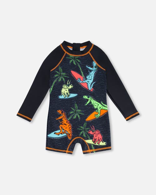 Deux Par Deux Boy's Long Sleeve One Piece Rashguard Black Printed Dinosaurs at Nordstrom