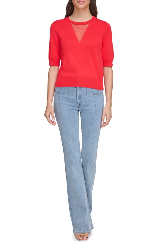 Shop Dkny Sheer Mesh Illusion V-neck Sweater In Flame