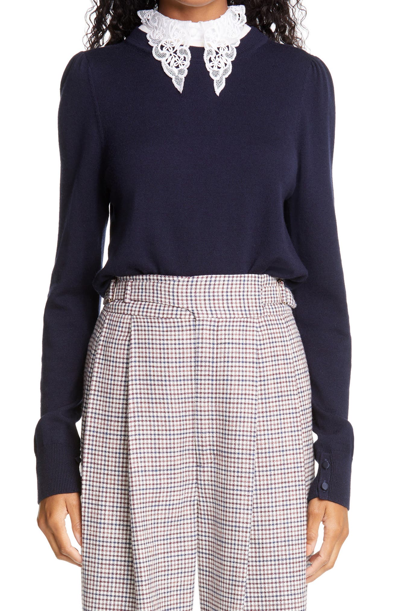 Adam Lippes Puff Sleeve Wool Sweater With Removable Lace Collar In Navy