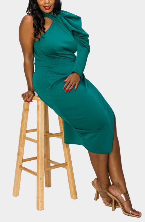 L I V D Gigi One-shoulder Long Sleeve Midi Dress In Emerald