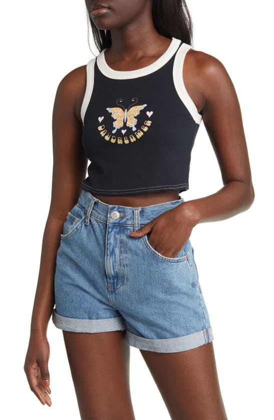 Pacsun Butterfly Daydreamer Stretch Cotton Crop Tank In Anthracite