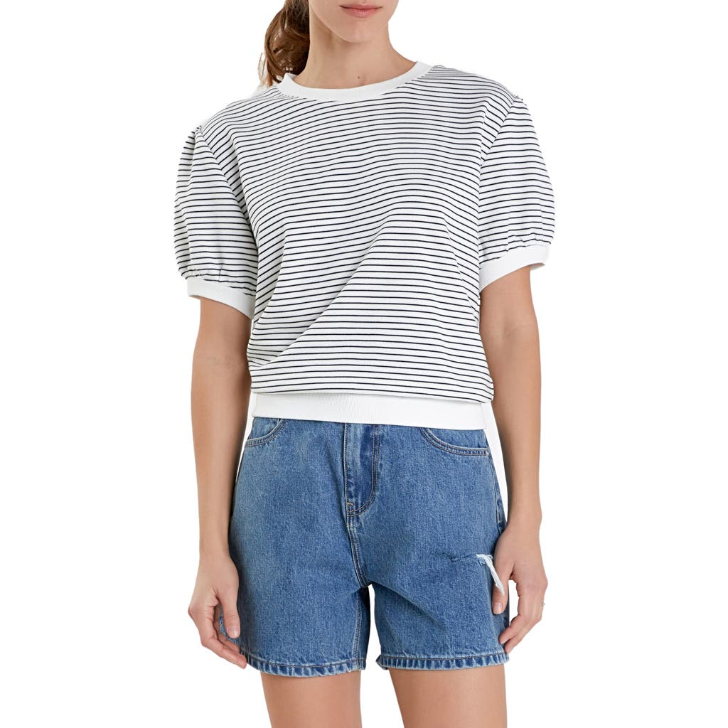 English Factory Stripe Puff Sleeve French Terry Top In White/black