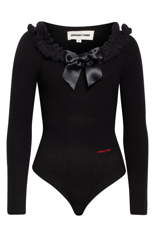 Shop Shushu-tong Shushu/tong Bow Ruffle Neck Long Sleeve Rib Bodysuit In Black