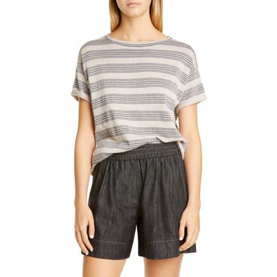 Brunello Cucinelli Metallic Stripe Wool & Cashmere Sweater Tee, Grey
