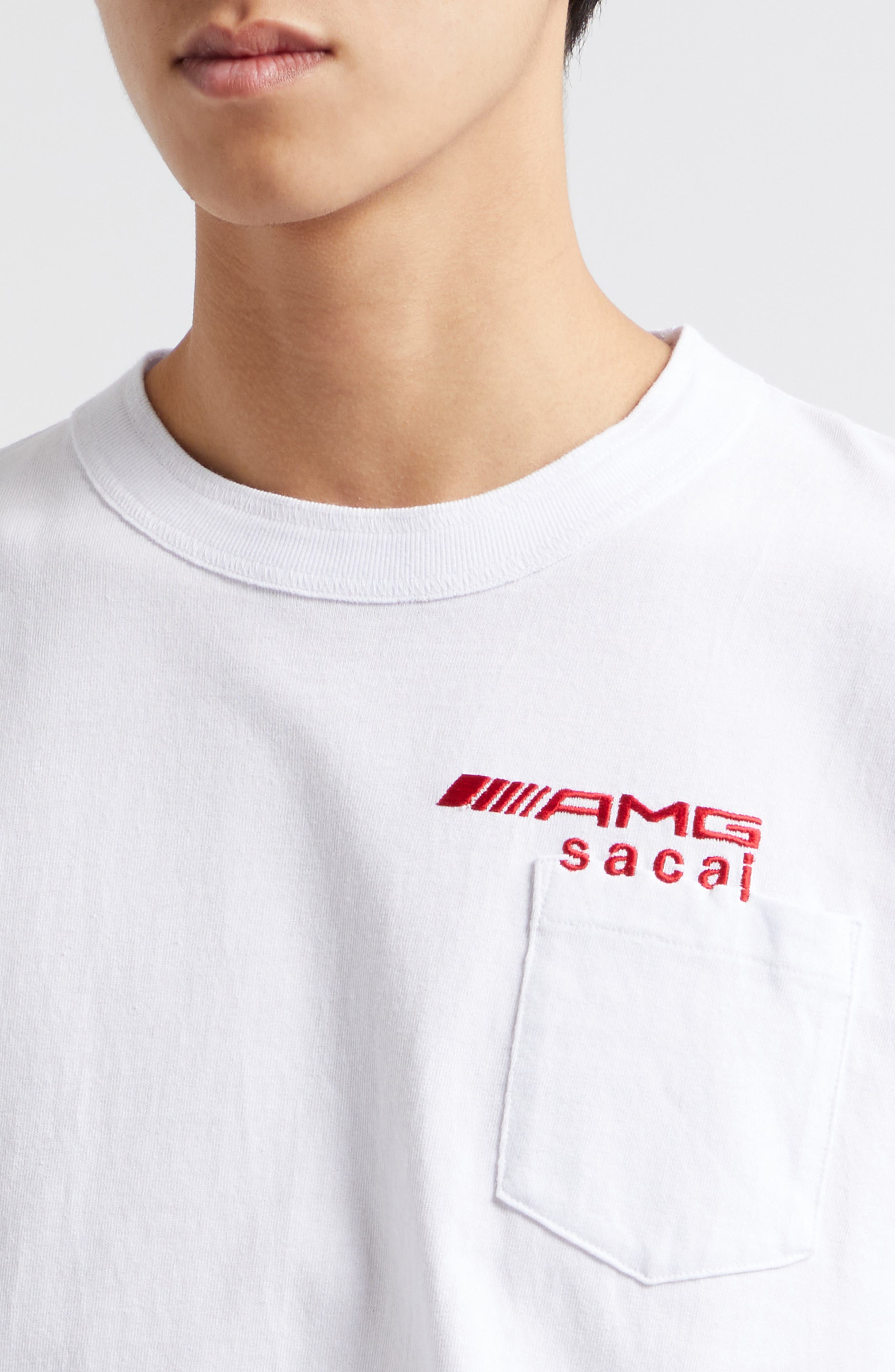 Sacai AMG Logo Embroideed Cotton Pocket T-Shirt in White | Smart