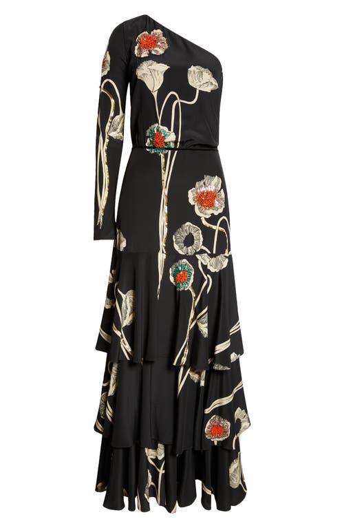 Shop Johanna Ortiz Poesia De Paz Sequin Poppy One-shoulder Silk Maxi Dress In Papaver Somniferum/black