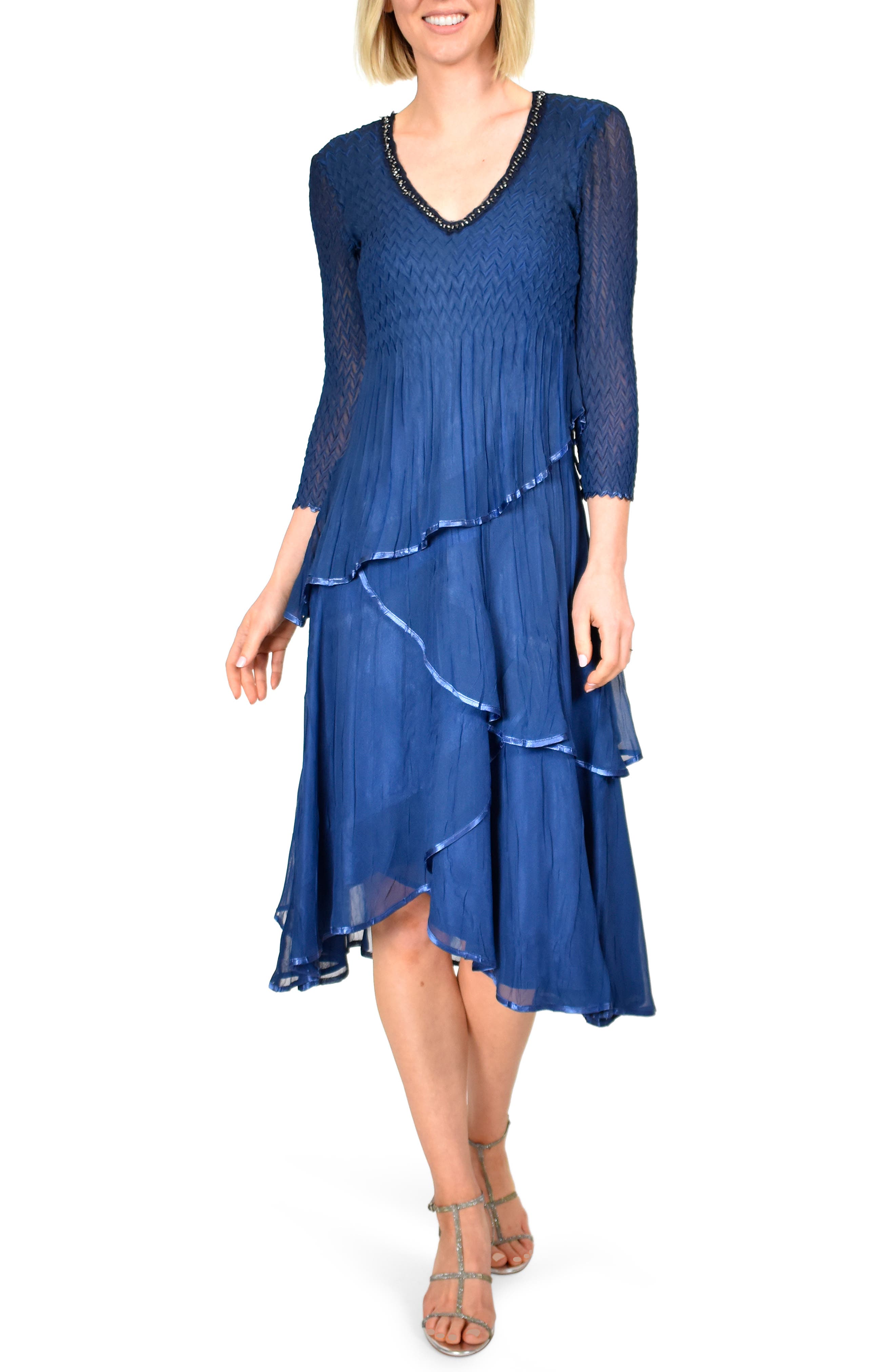 Komarov Beaded Neck Tiered Hem Midi Dress, Blue