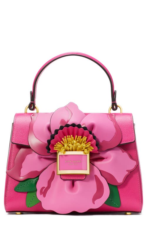 katy floral appliqué textured leather top handle bag in Wild Raspberry Multi