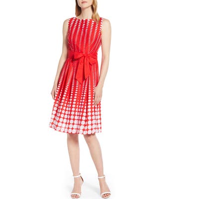 Anne Klein Octagon Print Fit & Flare Cotton Dress, Red