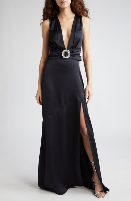 August Crystal Embellished Satin Gown in Black