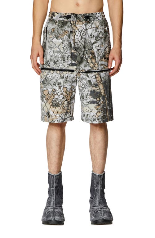 Shop Diesel ® P-mckell-short Abstract Print Crinkled Nylon Shorts In Grey/tan/brown