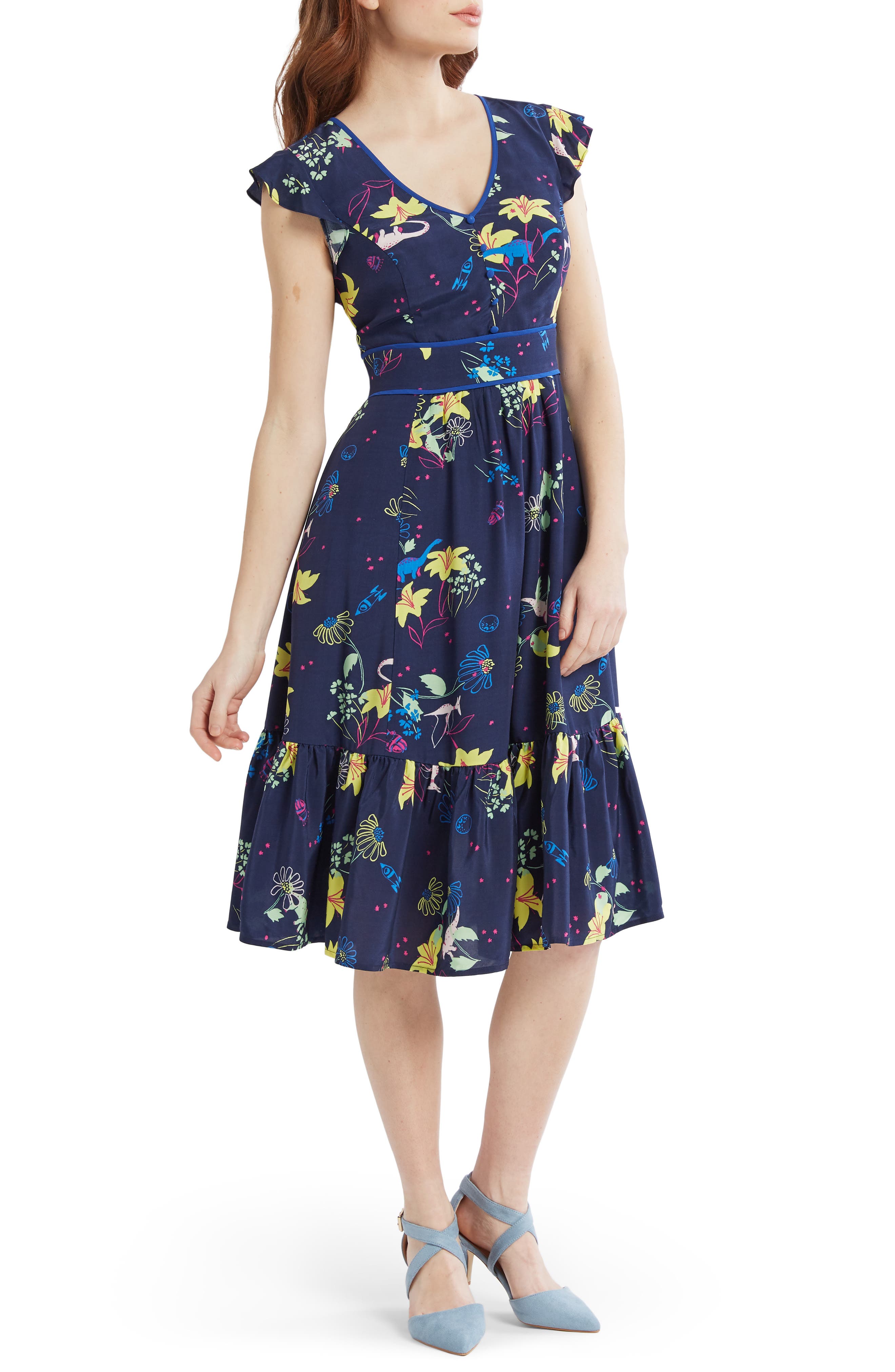 Plus Size Modcloth Print Fit & Flare Dress, Blue