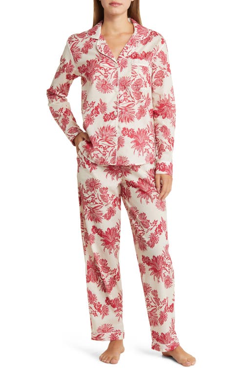 Desmond & Dempsey Long Sleeve Cotton Pajamas In Cactus Flower Pink/ecru