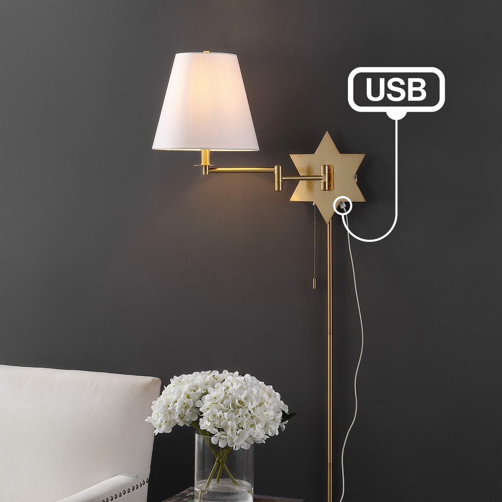 Jonathan Y David 1-light French Country Swing Arm Wall Sconce With Led, Usb Port, And Pull-chain In Gold Metallic