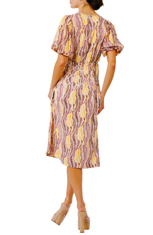 Shop Ciebon Allicent Twist Front Puff Sleeve Midi Dress In Burgundy/yellow Multi