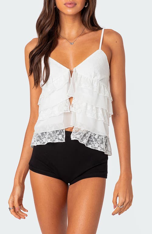 EDIKTED Lacy Split Front Ruffle Camisole in White at Nordstrom, Size Medium