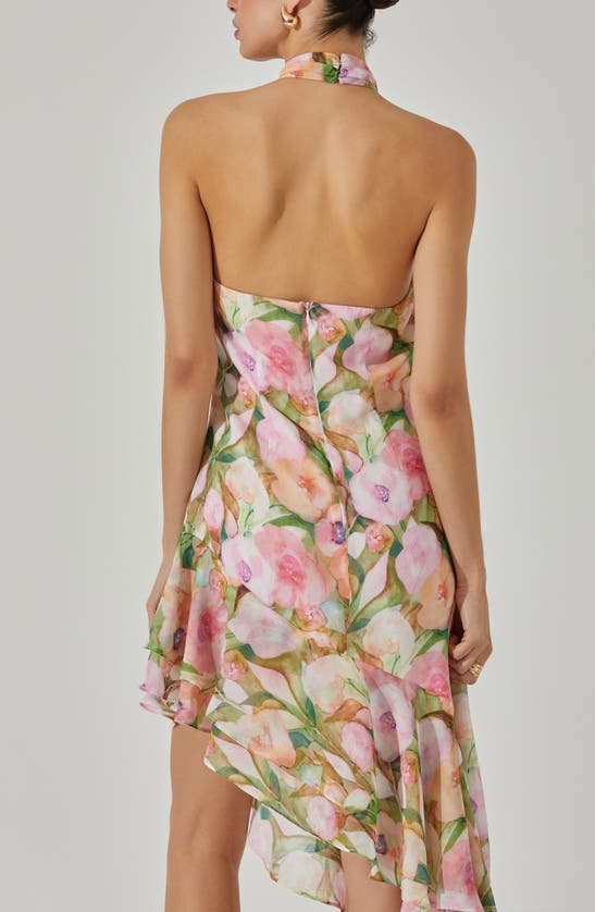 Shop Astr Floral Asymmetric Halter Dress In Pink Green Floral Abstract