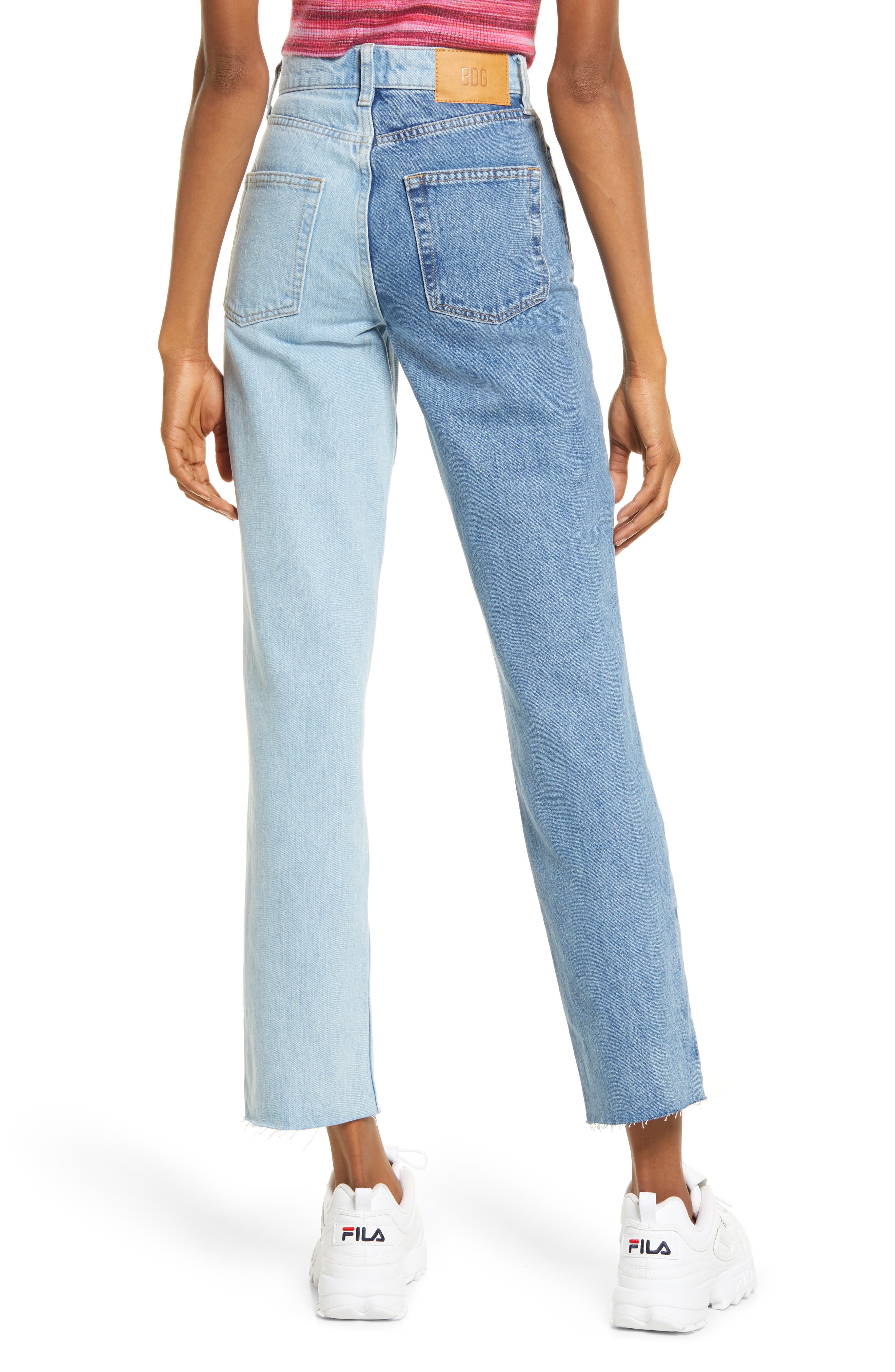 two different colored leg jeans