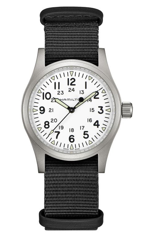 Hamilton Khaki Field Mechanical Manual Winding White Dial Fabric Strap Men's Watch H69439910 In White