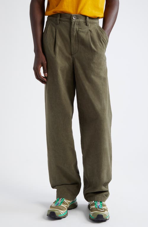 Noah Double Pleat Cotton Pants in Dark Olive 