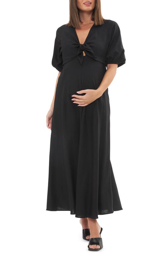 Shop Ripe Maternity Camille Tie Front Linen Blend Maternity/nursing Dress In Black