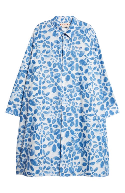 Shop Marni Floral Print Oversize Long Sleeve Shirtdress In Iris Blue