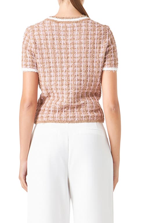 Shop Endless Rose Check Tweed Sweater In Camel/pink