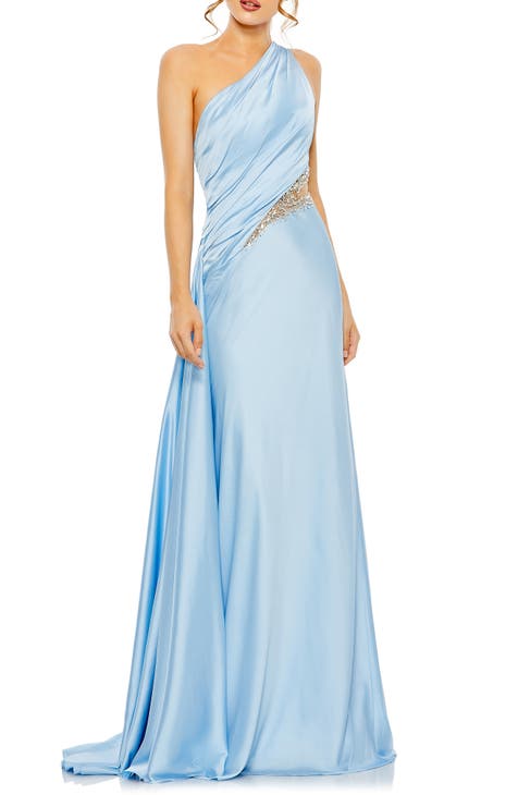 Crystal Detail One-Shoulder Satin Gown