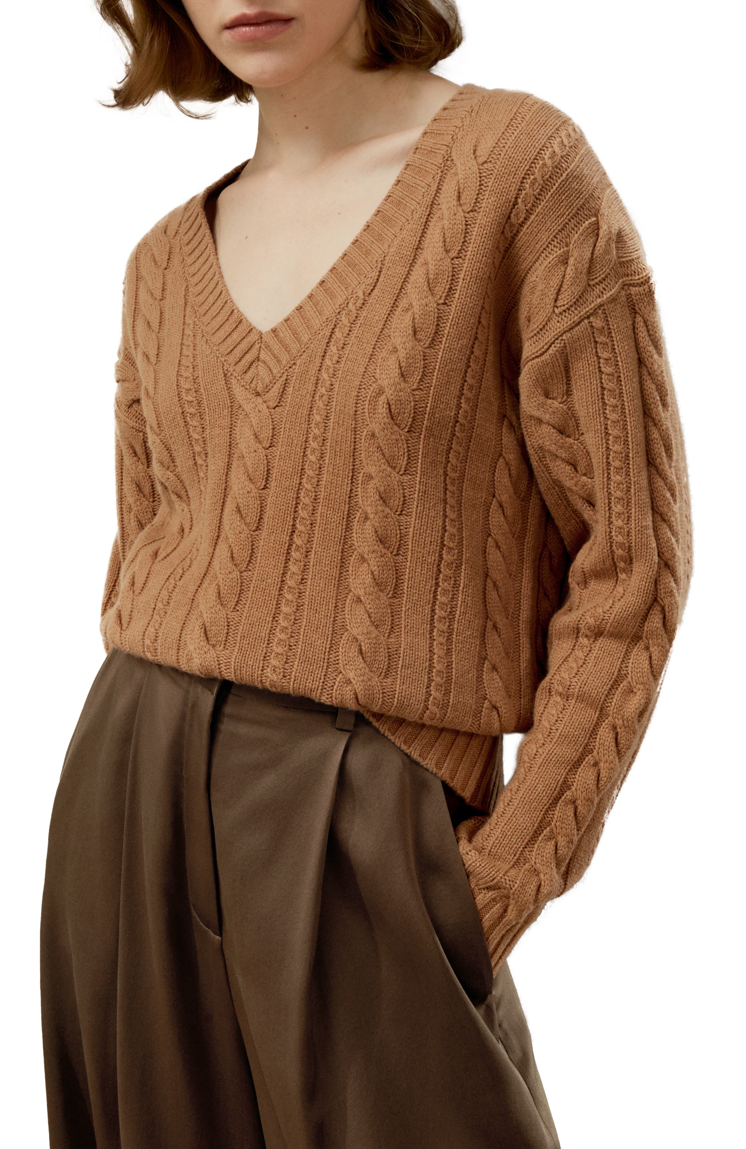 Lilysilk Women's Cable-Knit Wool-Cashmere Blend Sweater in Toffee Cover