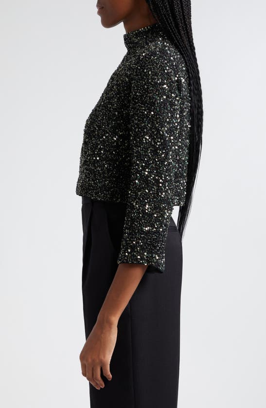 Twp Moonage Dream Sequin Mock Neck Silk Crop Top In Hunter Green