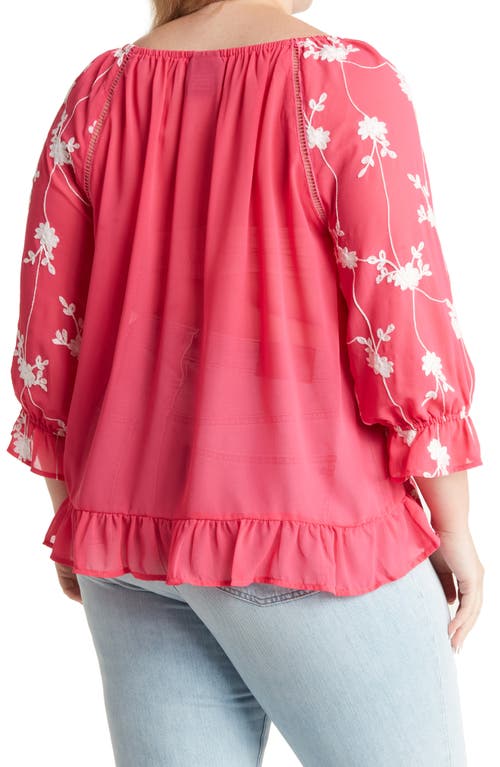 Shop Forgotten Grace Embroidered Ruffle Trim Blouse In Fuchsia/white