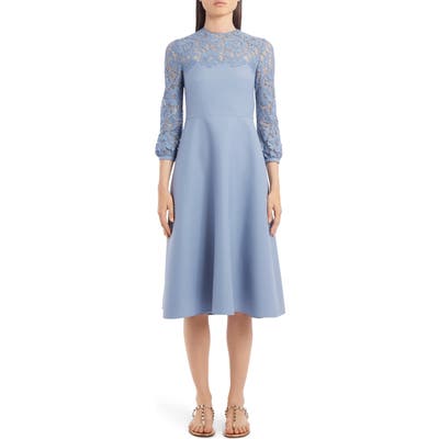 Valentino Lace Contrast Wool & Silk Midi Dress, US / 42 IT - Blue