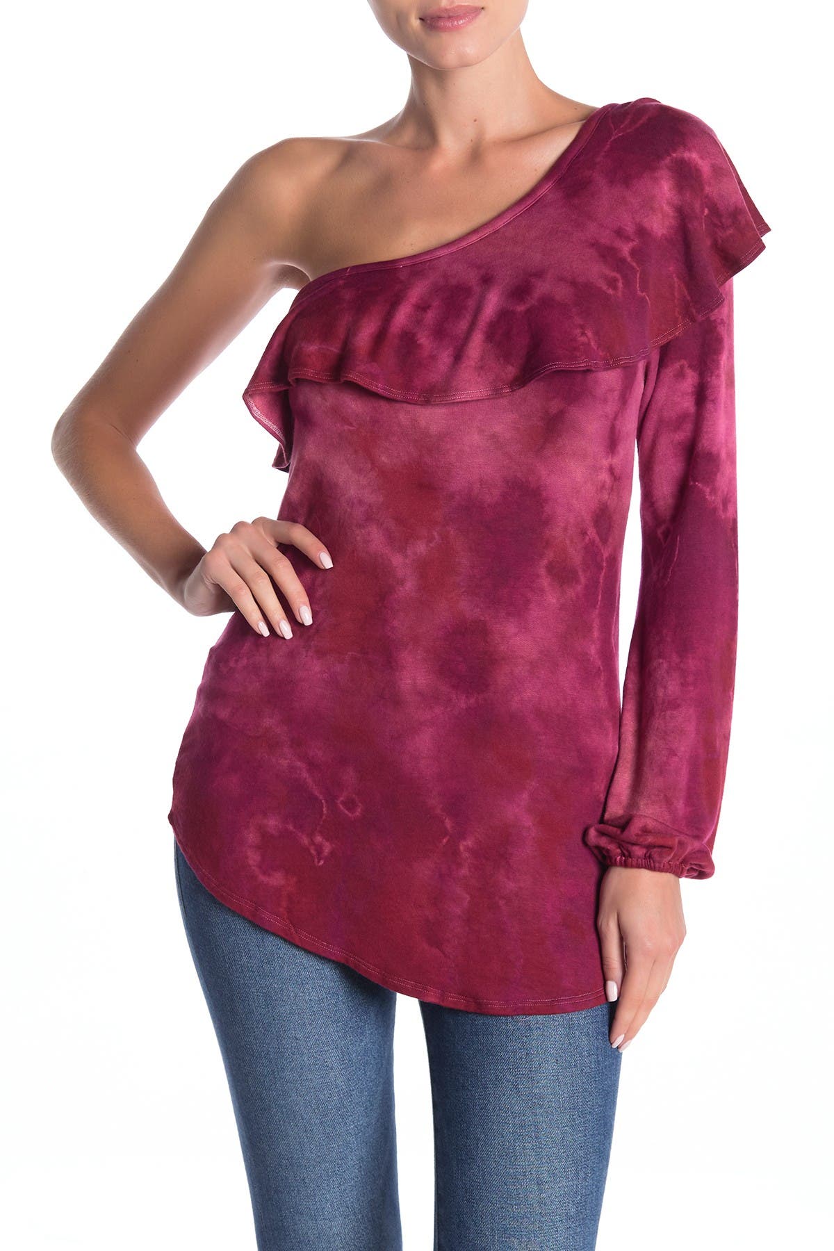 Go Couture One Ruffle Shoulder Top In Pink Tie Dye | ModeSens