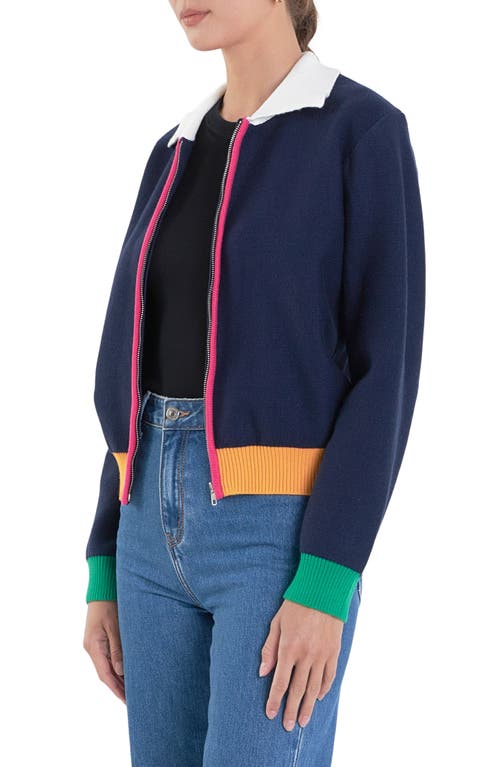 English Factory Colorblock Zip Cardigan In Navy Multi