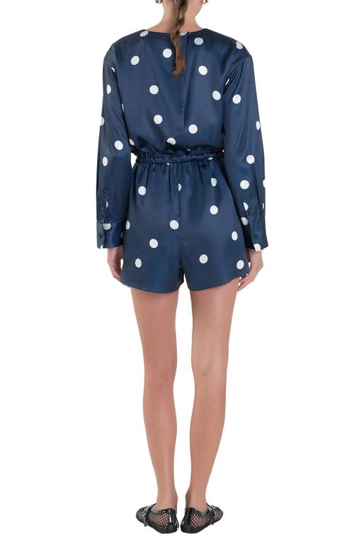 English Factory Polka Dot Long Sleeve Satin Romper In Dark Navy/off White