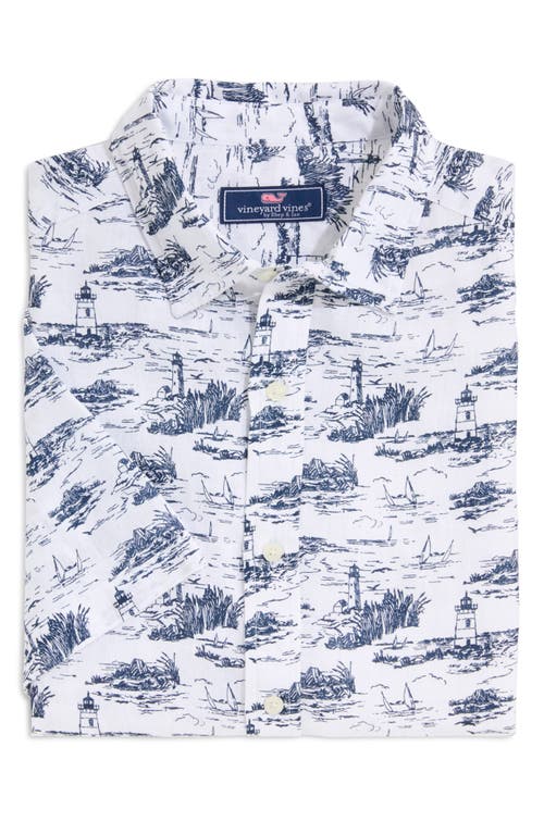 vineyard vines Toile Print Linen Short Sleeve Button-Up Shirt Ocean View White at Nordstrom,