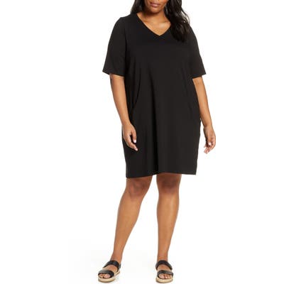 Plus Size Eileen Fisher Organic Cotton Jersey Shift Dress, Black