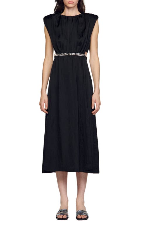 Lisa Crystal Belt Detail Midi Dress in Black