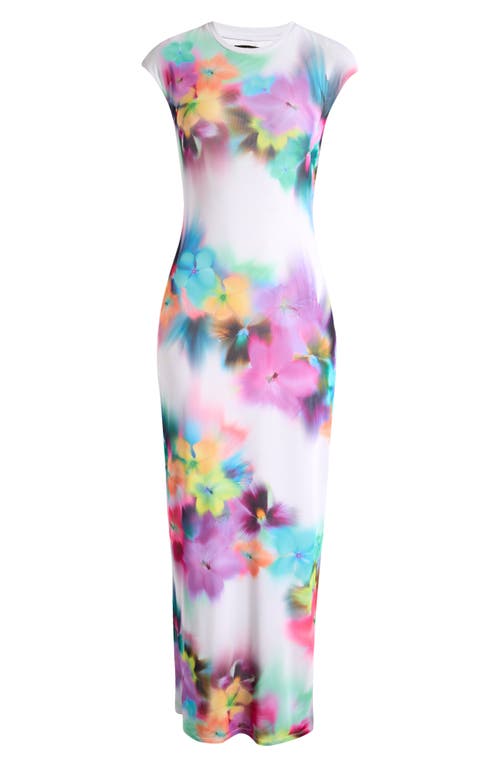 Shop Afrm Cody Print Cap Sleeve Mesh Maxi Dress In Blur Pansy