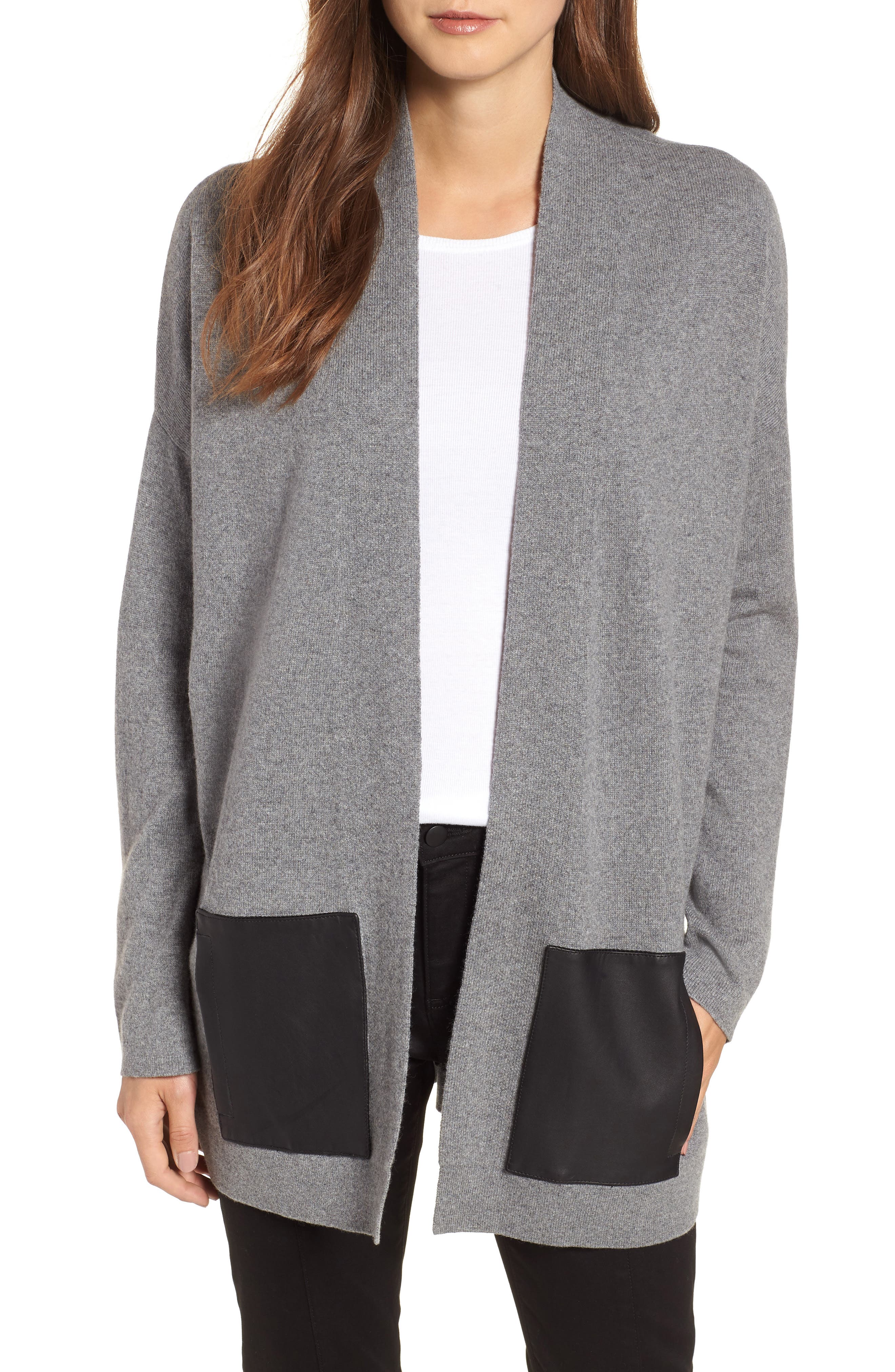 Eileen Fisher Cashmere & Wool Cardigan with Leather Pockets (Regular