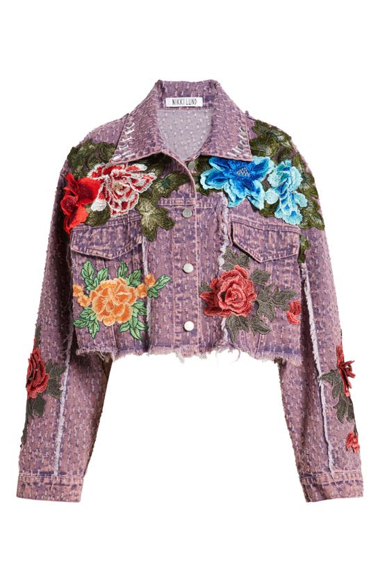 Shop Nikki Lund Bloom Floral Appliqué Texture Denim Jacket In Purple