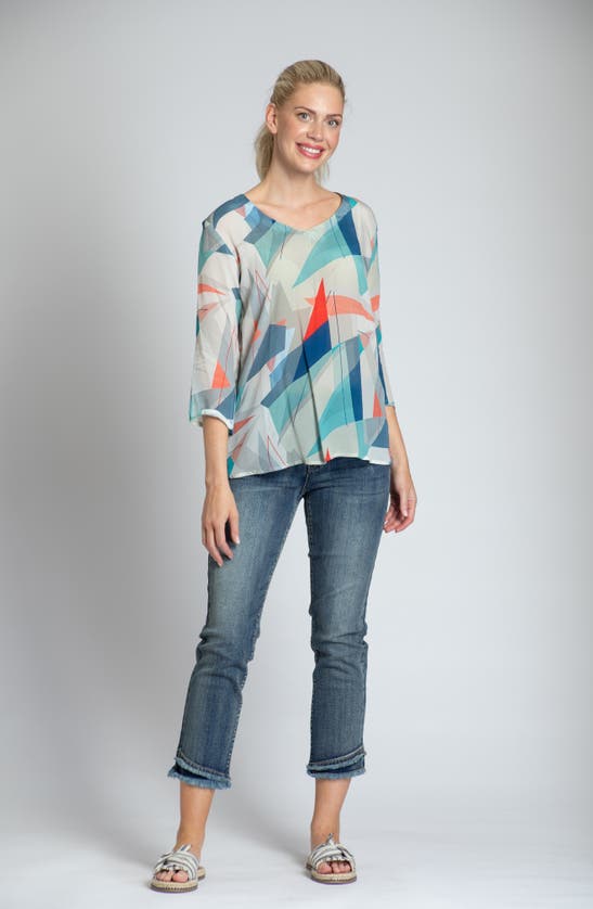 Apny Print V-neck Three-quarter-sleeve Chiffon Top In Green Multi