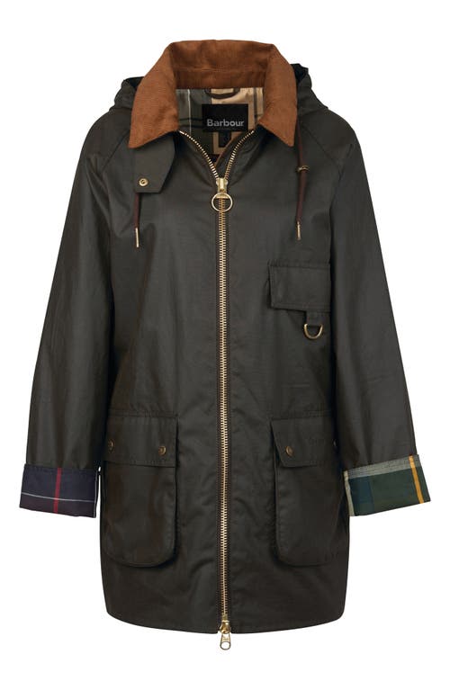 Shop Barbour Highclere Hooded Waxed Jacket In Olive