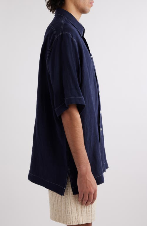 Shop Givenchy Oversize Short Sleeve French Linen Button-up Shirt In Navy