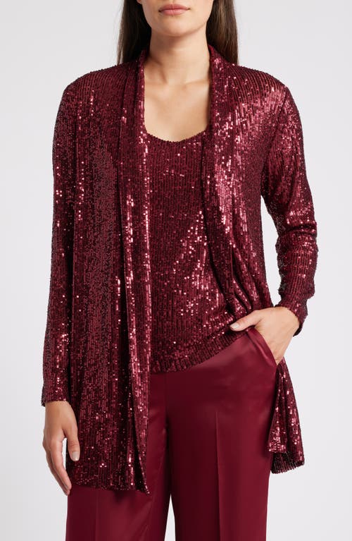 Shop Anne Klein Sequin Draped Open Front Cardigan In Red Ruby