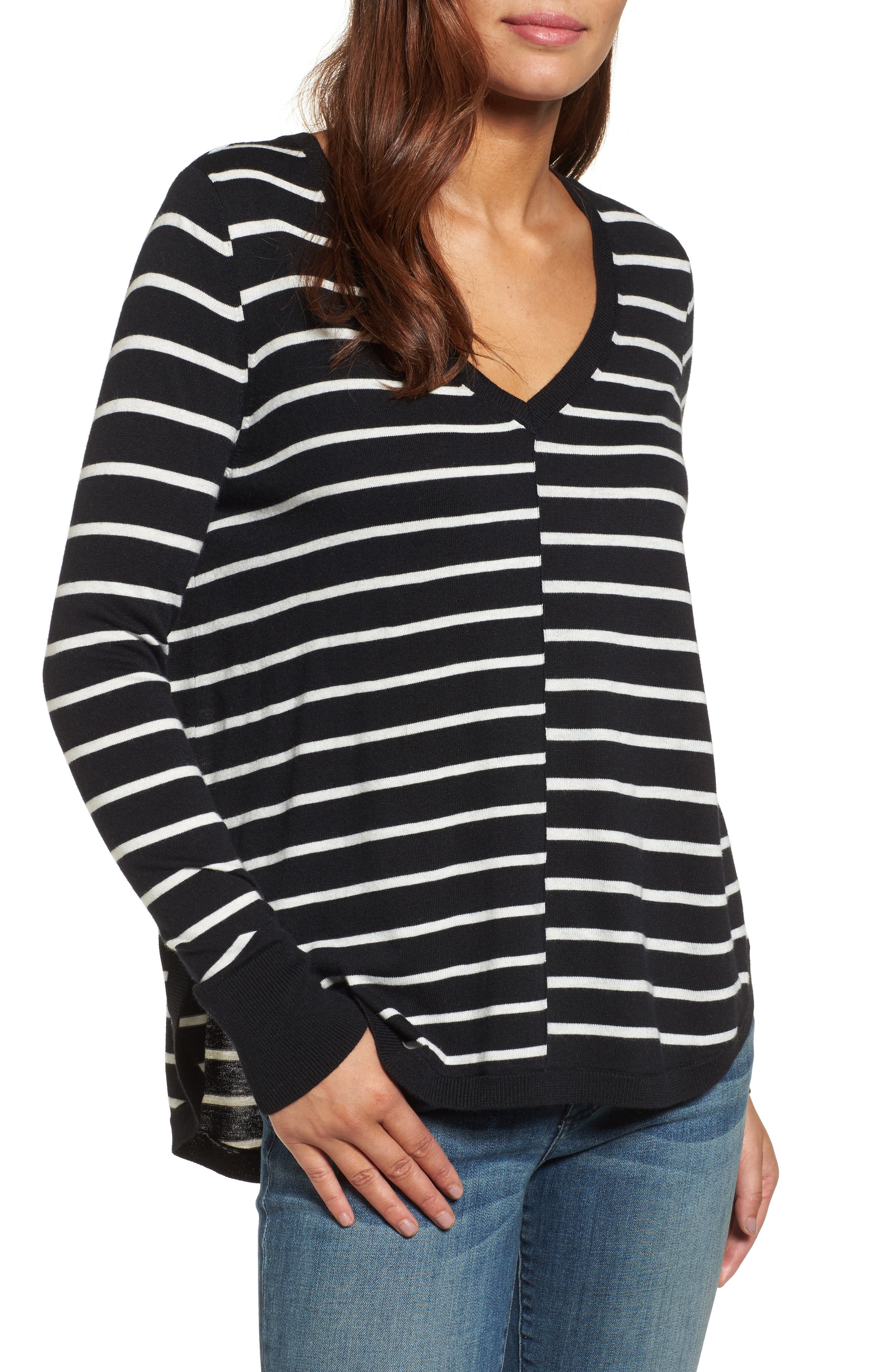 Petite Caslon High-Low V-Neck Sweater, Ivory
